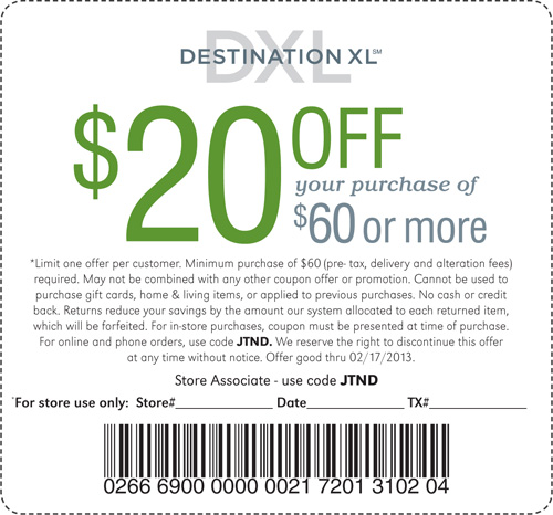 Destination XL: $20 off $60 Printable Coupon