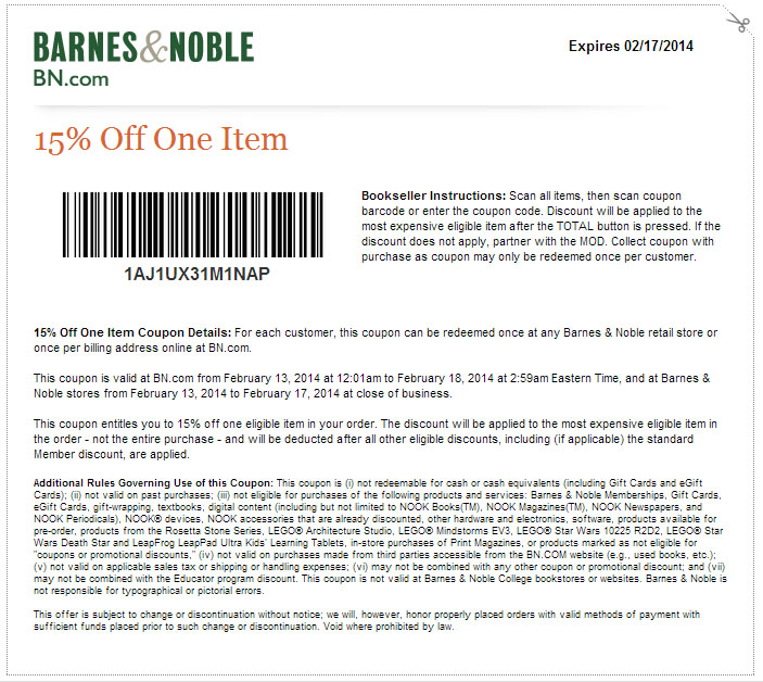 Barnes and Noble: 15% off Item Printable Coupon