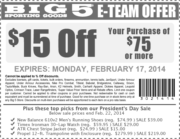 Big 5 Sporting Goods: $15 off $75 Printable Coupon