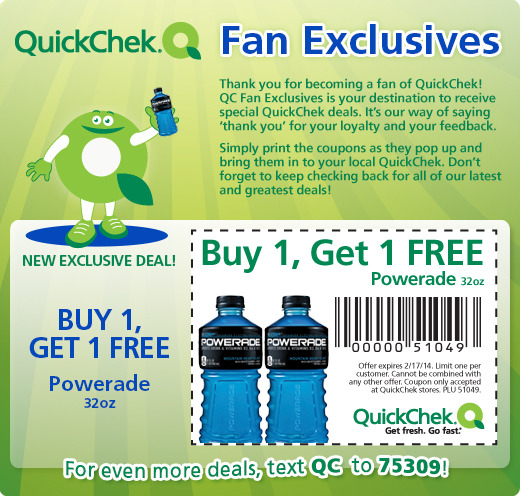 Quick Chek: BOGO Free Powerade Printable Coupon