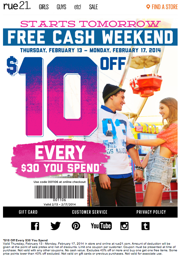 rue21: $10 off $30 Printable Coupon