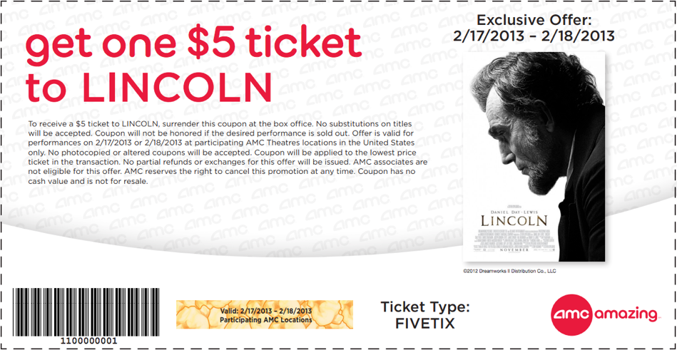 AMC Theaters: $5 LINCOLN Ticket Printable Coupon