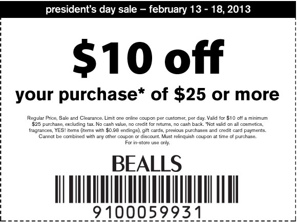 Bealls Department Store: $10 off $25 Printable Coupon