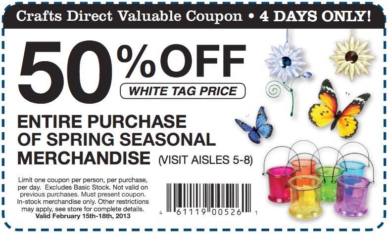Crafts Direct: 50% off Spring Merchandise Printable Coupon