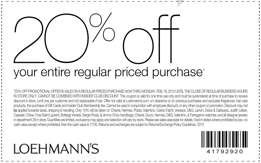 Loehmann's: 20% off Printable Coupon