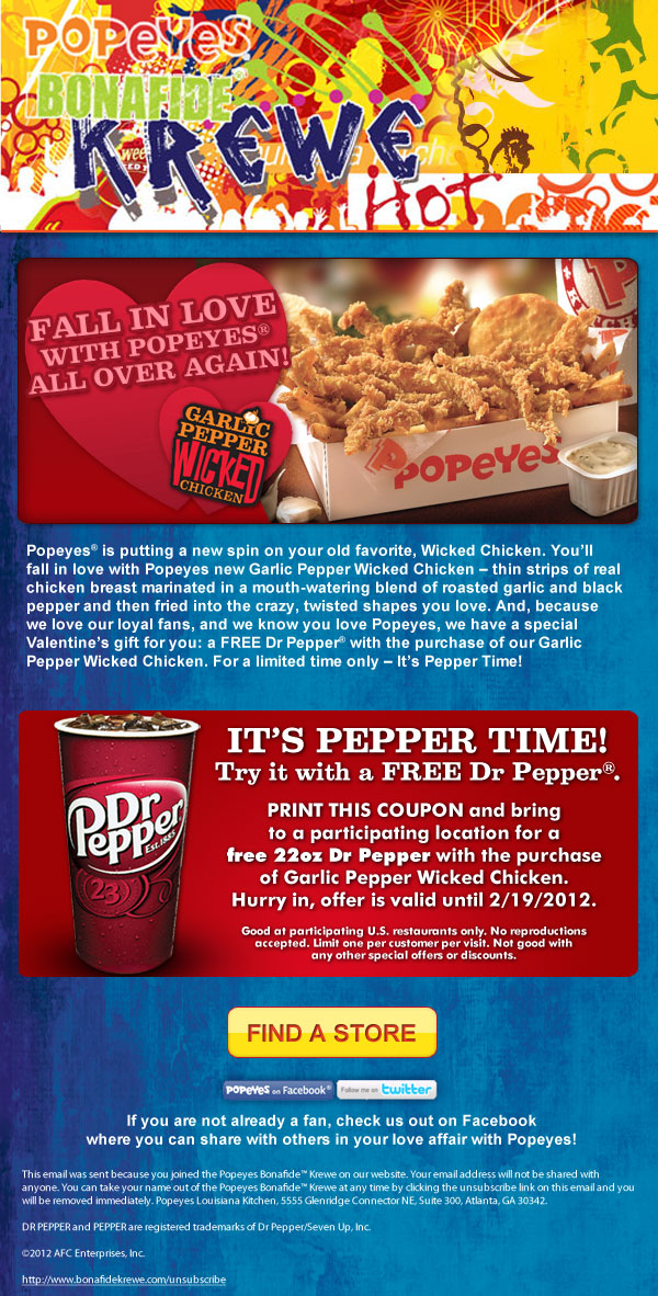 Popeye's: Free Dr Pepper Printable Coupon