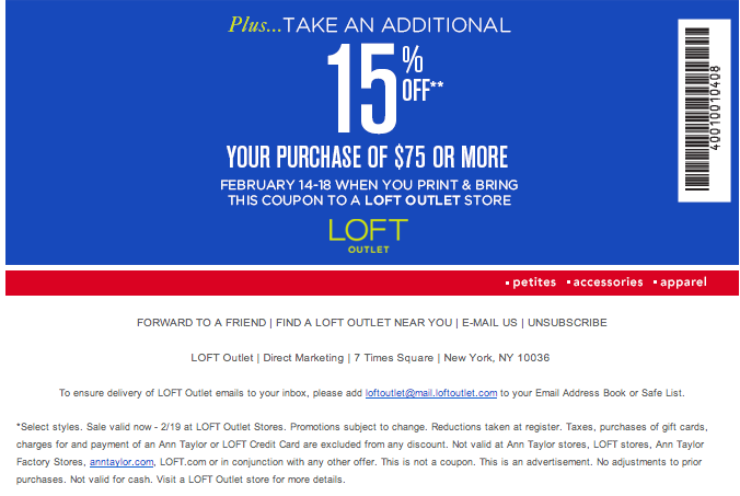 LOFT Outlet: 15% off $75 Printable Coupon