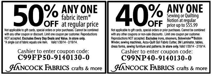Hancock Fabrics Promo Coupon Codes and Printable Coupons