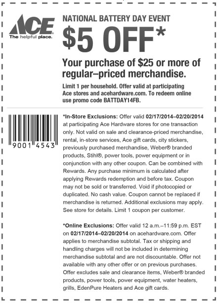 Ace Hardware: $5 off $25 Printable Coupon