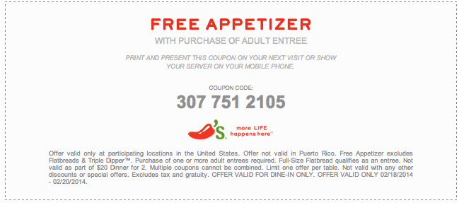 Chili's: Free Appetizer Printable Coupon