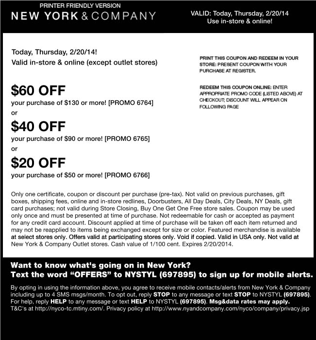 New York & Company: $20-$60 off Printable Coupon