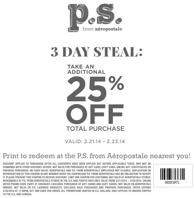 Aeropostale P.S: 25% off Printable Coupon