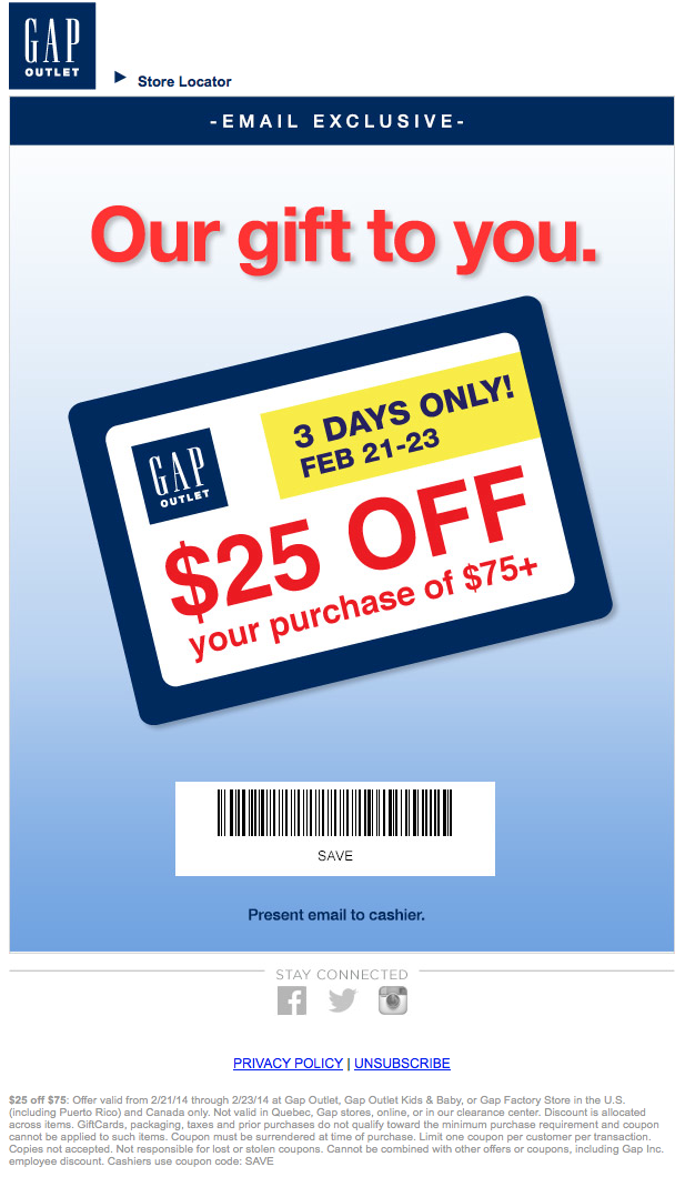 Gap Outlet: $25 off $75 Printable Coupon