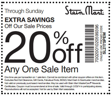 Stein Mart: 20% off Sale Item Printable Coupon
