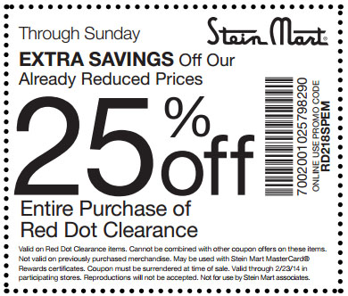 Stein Mart: 25% off Printable Coupon