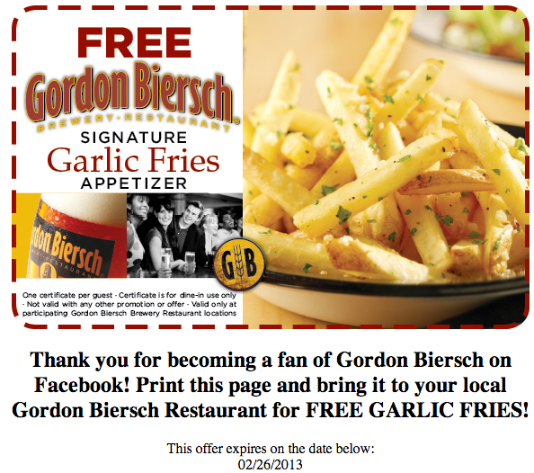 Gordon Biersch: Free Fries Printable Coupon