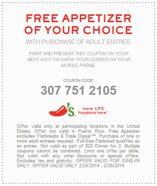 Chili's: Free Appetizer Printable Coupon