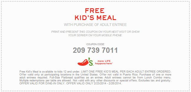 Chili's: Free Kids Meal Printable Coupon