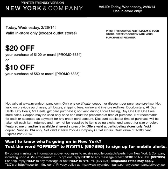 New York & Company: $10-$20 off Printable Coupon