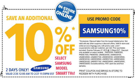 hhgregg: 10% off Samsung TVs Printable Coupon