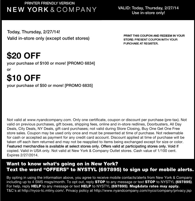 New York & Company: $10-$20 off Printable Coupon