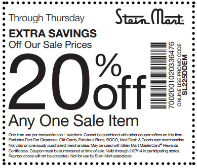 Stein Mart: 20% off Sale Item Printable Coupon