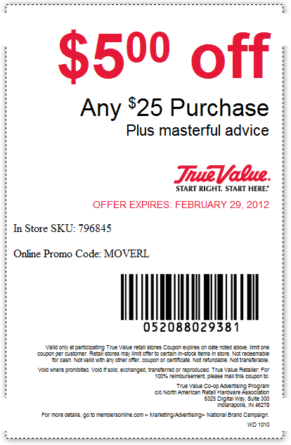 True Value: $5 off $25 Printable Coupon