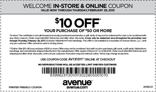 Avenue: $10 off $50 Printable Coupon