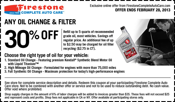 Firestone: 30% off Oil Change Printable Coupon