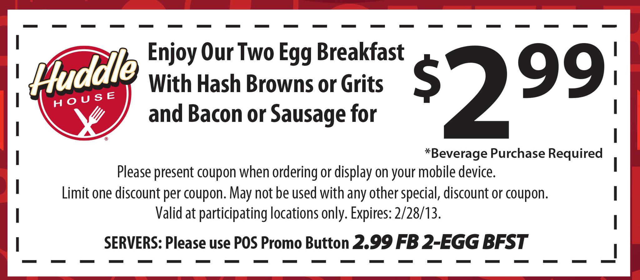 Huddle House Promo Coupon Codes and Printable Coupons
