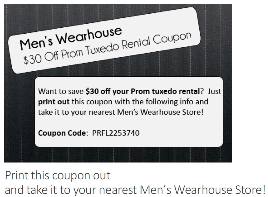 Mens Wearhouse: $30 off Tuxedo Rental Printable Coupon