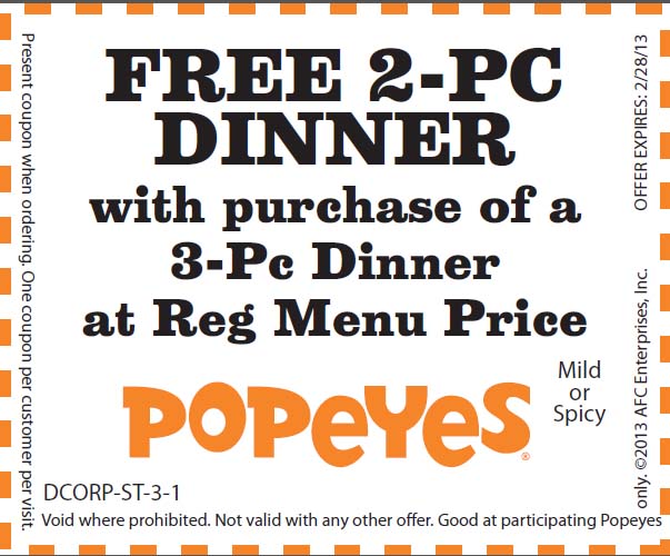 Popeye's: Free 2 Piece Dinner Printable Coupon