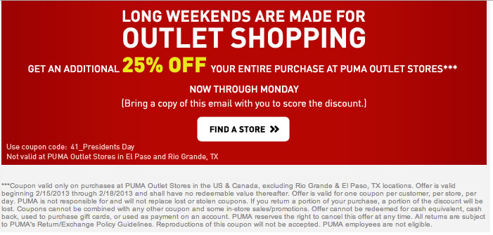 Puma Outlet: 25% off Printable Coupon