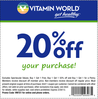 Vitamin World: 20% off Printable Coupon