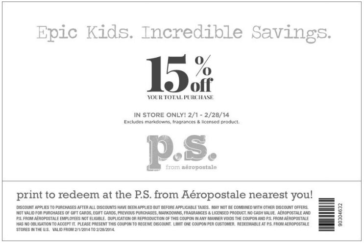 Aeropostale P.S: 15% off Printable Coupon