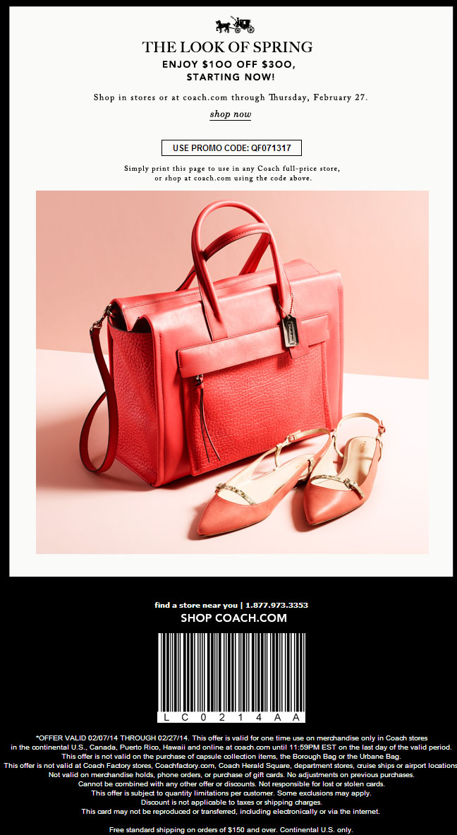 Coach Store: $100 off $300 Printable Coupon
