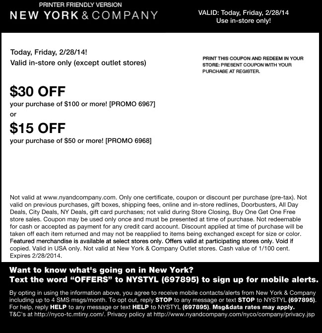 New York & Company: $15-$30 off Printable Coupon
