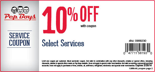 Pep Boys: 10% off Select Services Printable Coupon