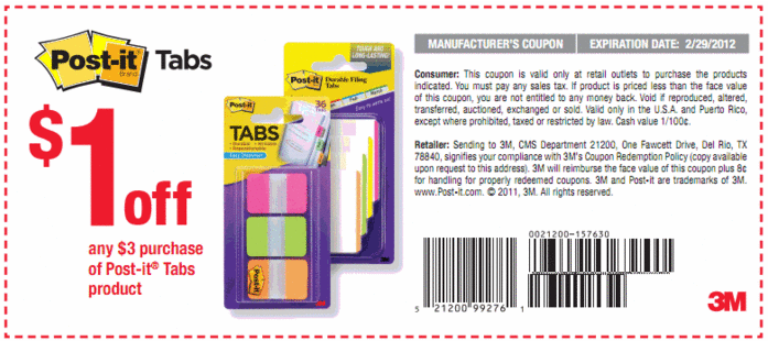 3M: $1 off Post-it Tabs Printable Coupon