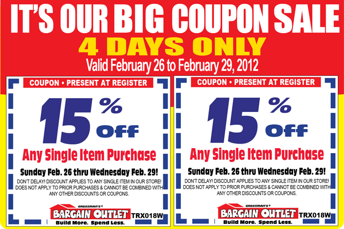 Grossman's Bargain Outlet: 15% off Printable Coupon