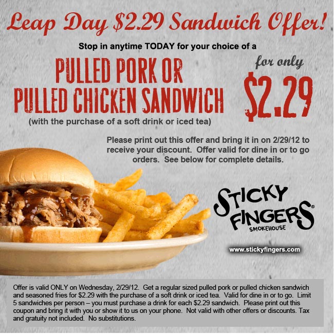 Sticky Fingers: $2.29 Sandwich Printable Coupon
