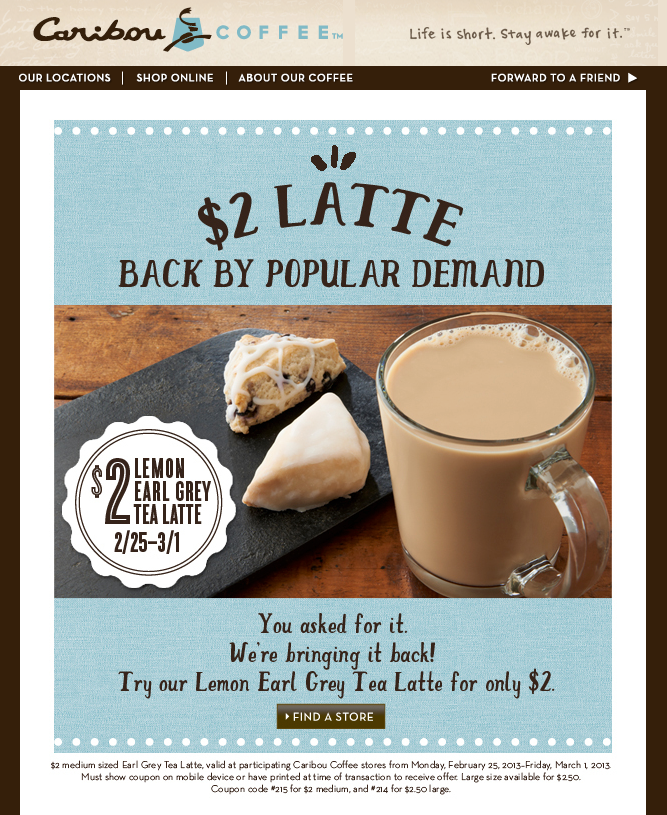 Caribou Coffee Company: $2 Latte Printable Coupon