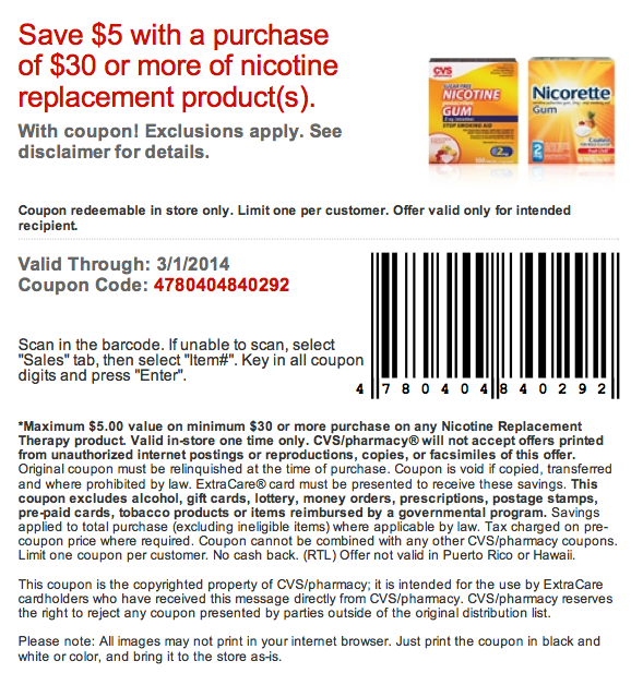 CVS Pharmacy: $5 off $30 Nicotine Replacement Printable Coupon