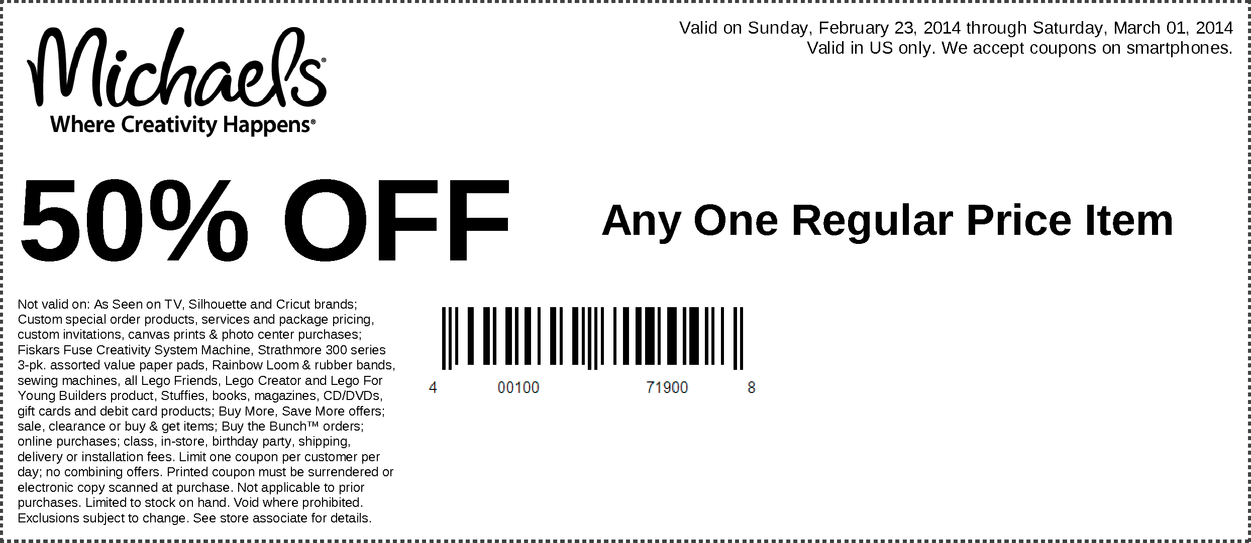 Michaels: 50% off Item Printable Coupon