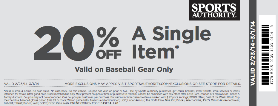 Sports Authority: 20% off Baseball Item Printable Coupon