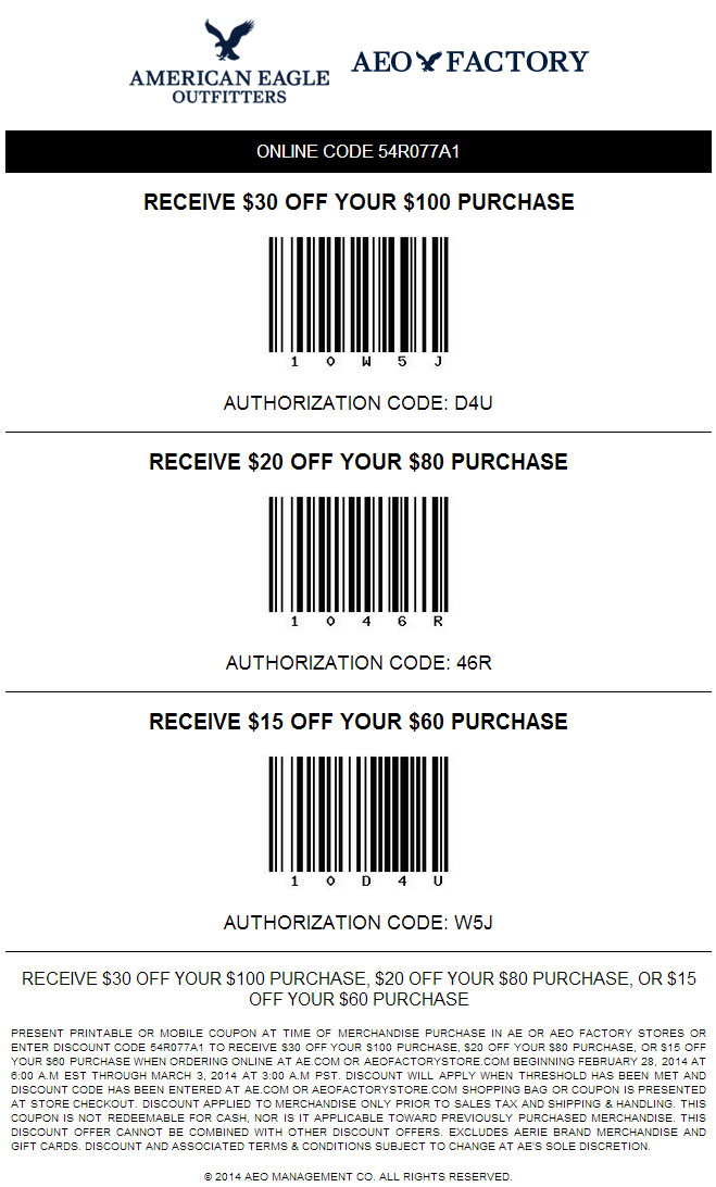 American Eagle Outfitters: $15-$30 off Printable Coupon