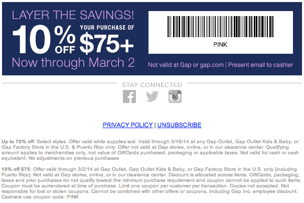 Gap Outlet: 10% off $75 Printable Coupon