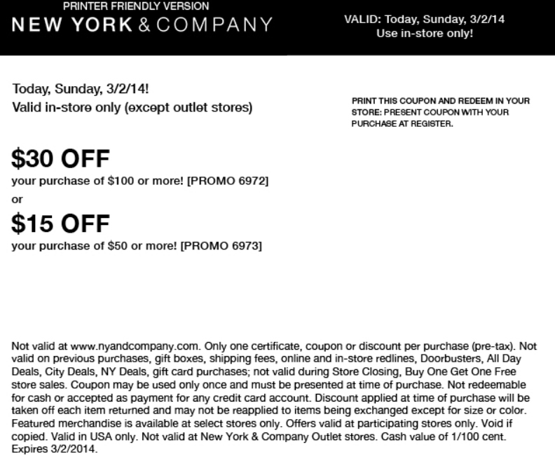 New York & Company: $15-$30 off Printable Coupon