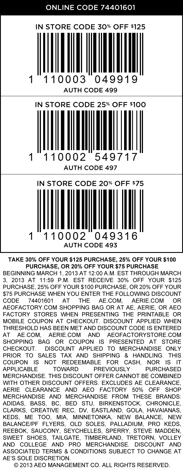 American Eagle Outfitters: 20%-30% off Printable Coupon