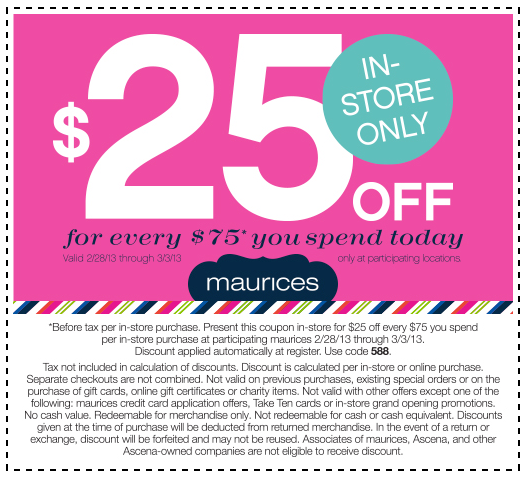 maurices.com: $25 off $75 Printable Coupon
